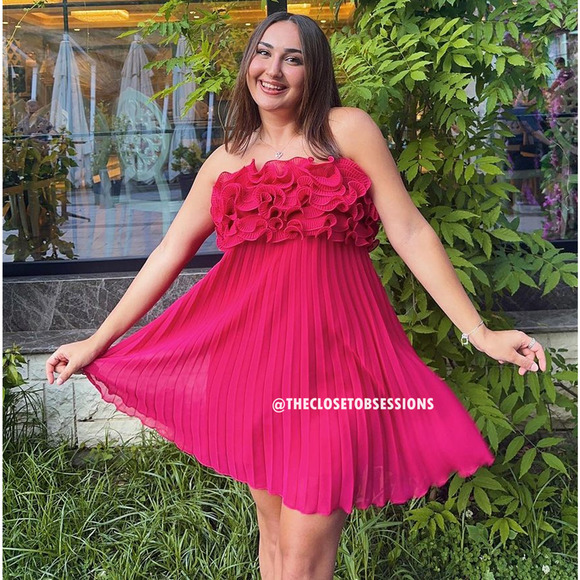 ZARA Red Pleated Mini Dress NWT | Blogger Fave Ruffle Straight Neck - Picture 10 of 16